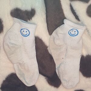 White Ankle Socks with Blue Smiley Face
